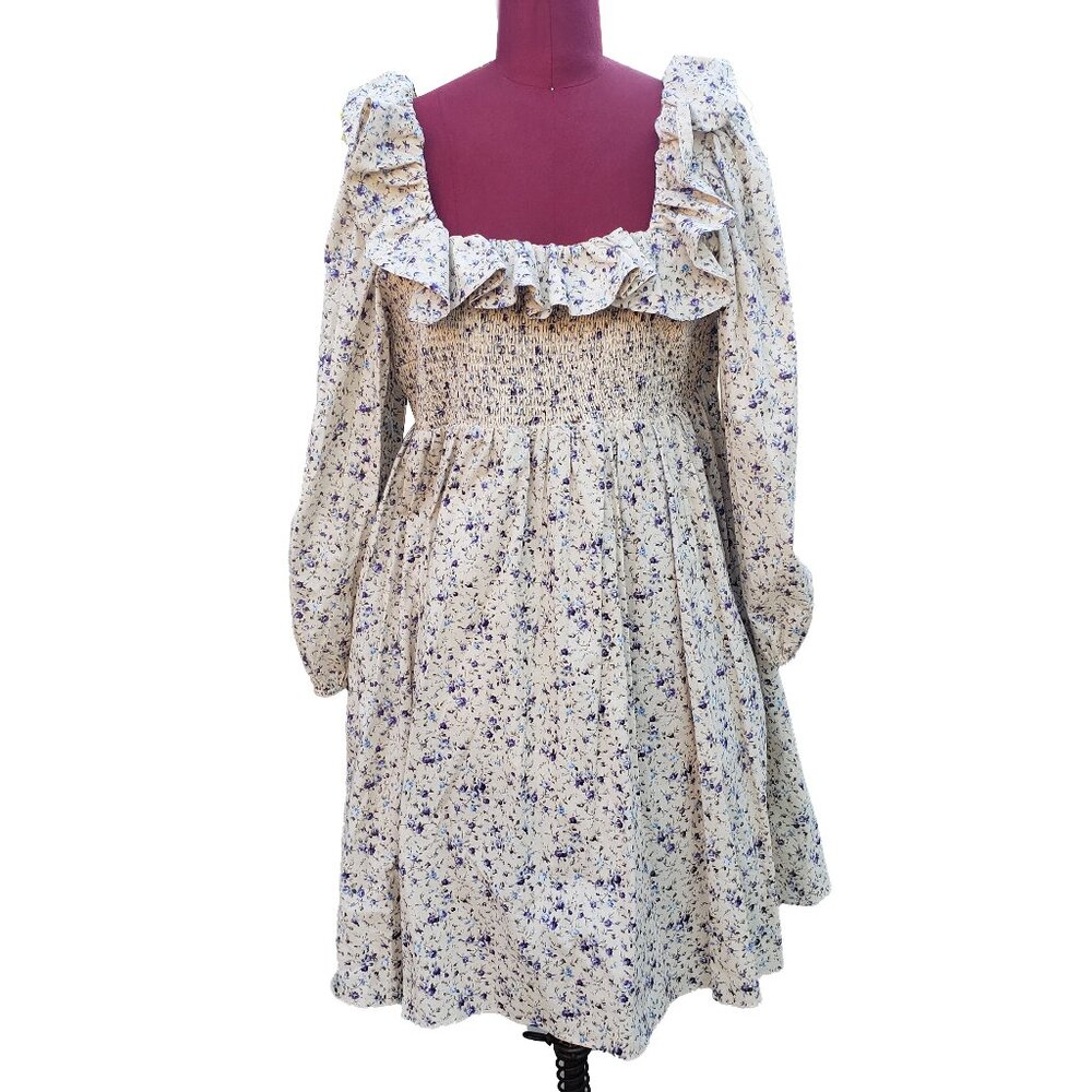 Hyacinth Flora Dress Mini Blue Freesia Long Sleeve Square Ruffle Neck Smocked XL